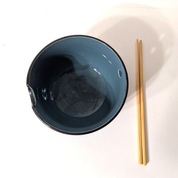Stoneware Ceramic Textured Noodle Bowl with Chopsticks Teal Blue - Picture 4 of 5
